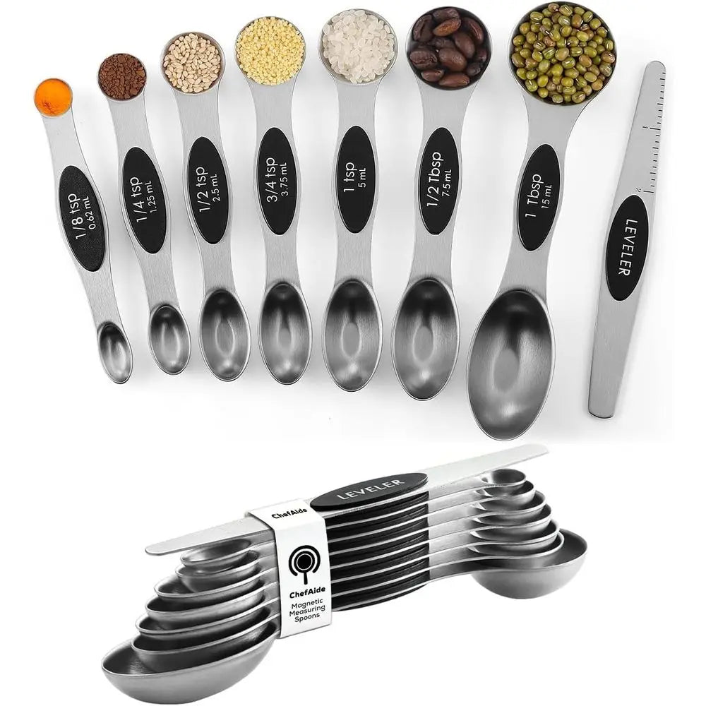 Pack o 8 StainlSteel Magnetic Measuring Spoons Set, Dual Sided, Stackable, Adjustable Teaspoon and Tablespoon Measure Spoon with