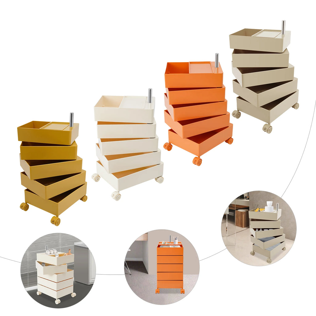 5 Tiers 360° Rotating Sofa Side Metal Cabinet,White/Orange/Khaki/Yellow Freestanding Storage Rack 41.5*31.5*61cm for Kitchens