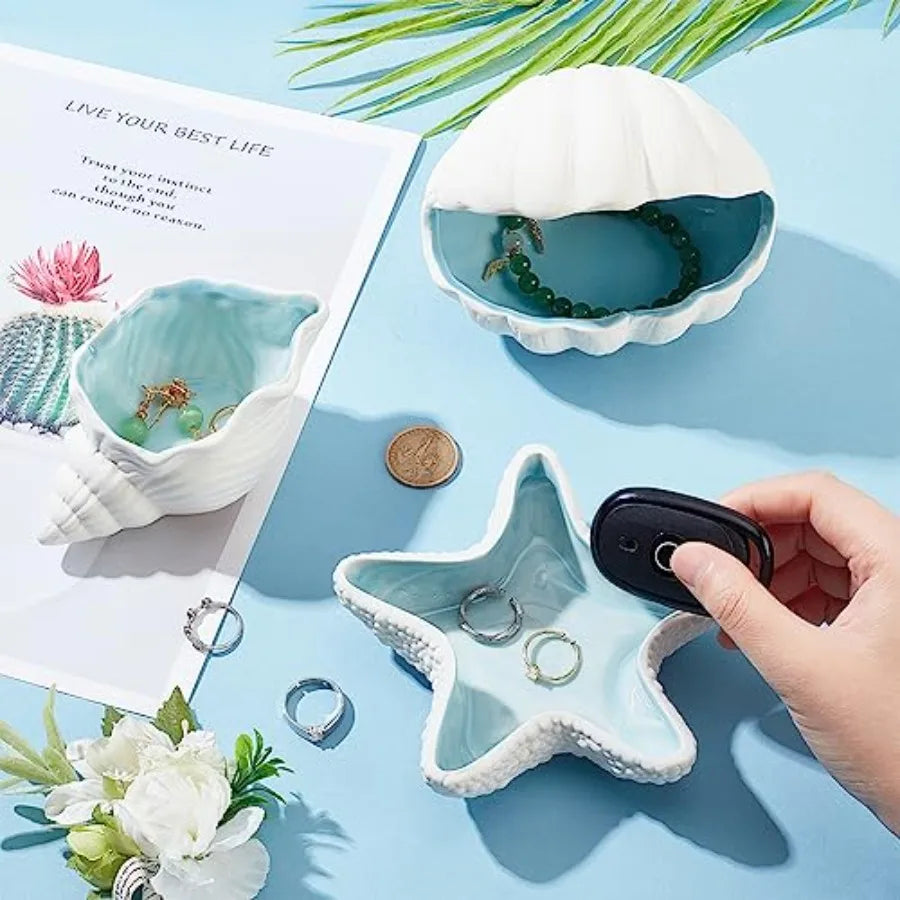 Starfish Shape Ceramic Jewelry Tray, Aqua Shell Trinket Dish Ceramic Ring Earring Holder Ocean-themed Decorative Trinket Plate