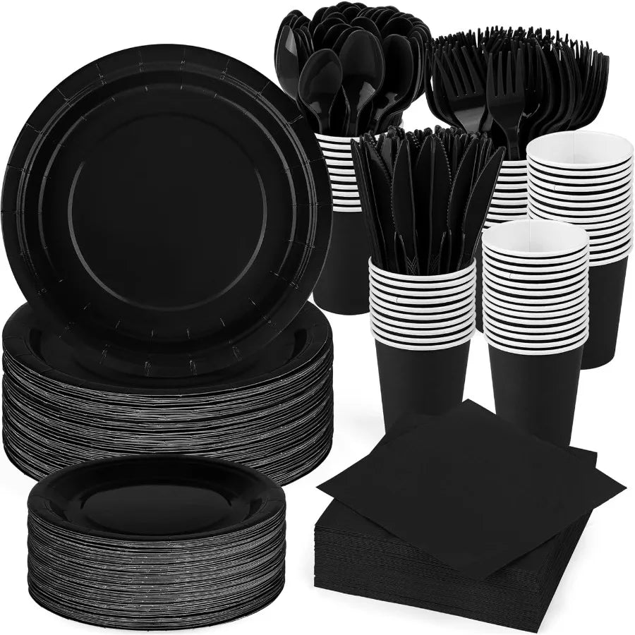 350 Pieces Black Paper Dinnerware Set with 7 Inch and 9 Inch Disposable Dinner Plates Paper Cups Cutlery and Napkins for Servin