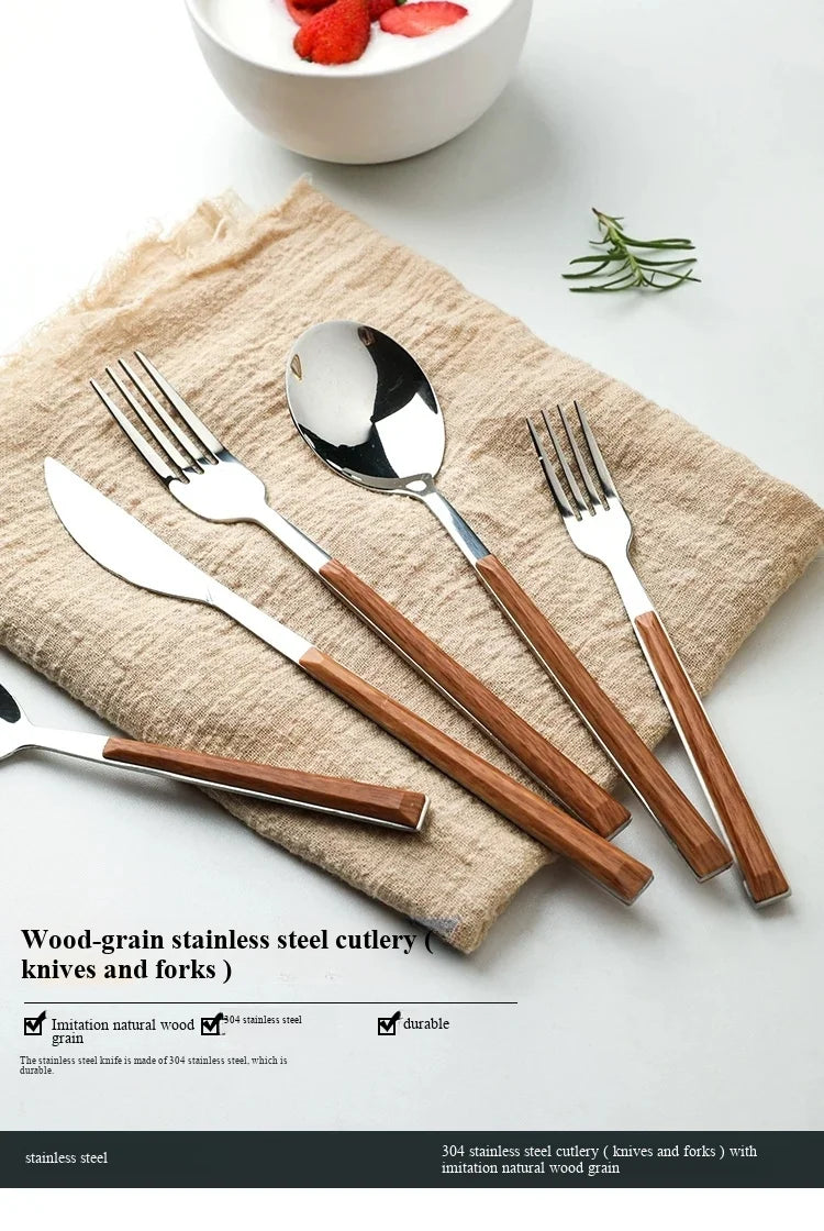 30pcs Stainless Steel Cutlery Set, Silverware Set With Wooden Grain Handles, 5-Person Setting, Dishwasher /Easy Clean, Mirror Polished