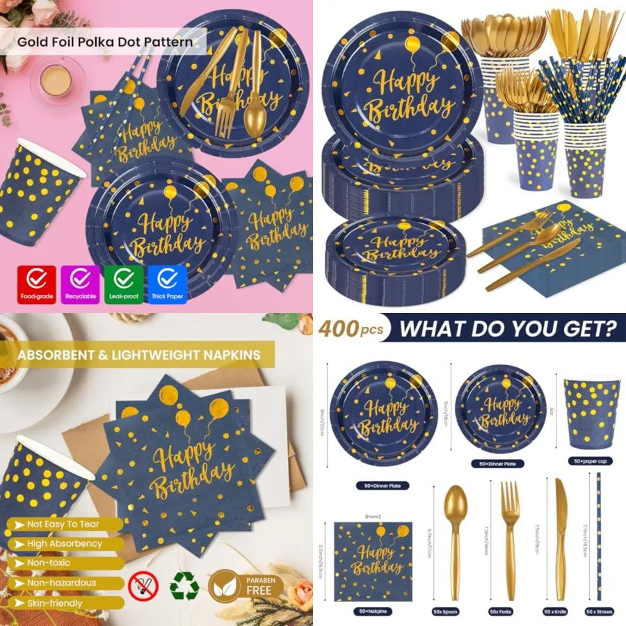 400PCS Deep Blue and Gold Disposable Dinnerware Set for Graduation and Birthday Parties: Includes Paper Plates Napkins Cups Str