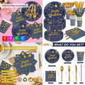 400PCS Deep Blue and Gold Disposable Dinnerware Set for Graduation and Birthday Parties: Includes Paper Plates Napkins Cups Str
