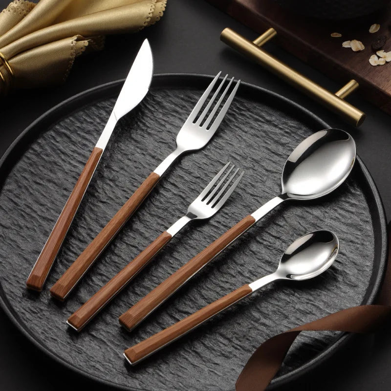 30pcs Stainless Steel Cutlery Set, Silverware Set With Wooden Grain Handles, 5-Person Setting, Dishwasher /Easy Clean, Mirror Polished