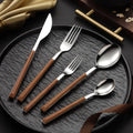30pcs Stainless Steel Cutlery Set, Silverware Set With Wooden Grain Handles, 5-Person Setting, Dishwasher /Easy Clean, Mirror Polished