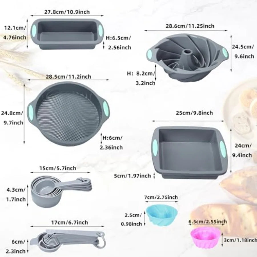 45 Pieces Silicone Bakeware Set, Heat Resistant Baking Pans, Nonstick Baking Molds for Cake, Bread and Cupcake, with Measuring
