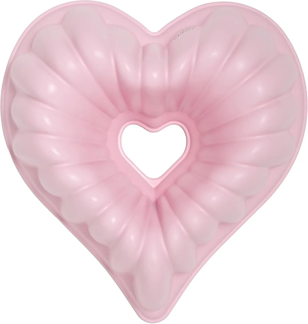 9-Inch Heart Shaped Fluted Cake Pan, Cast Aluminum Nonstick Bakeware, Dishwasher Safe, PFAS-Free, Pink