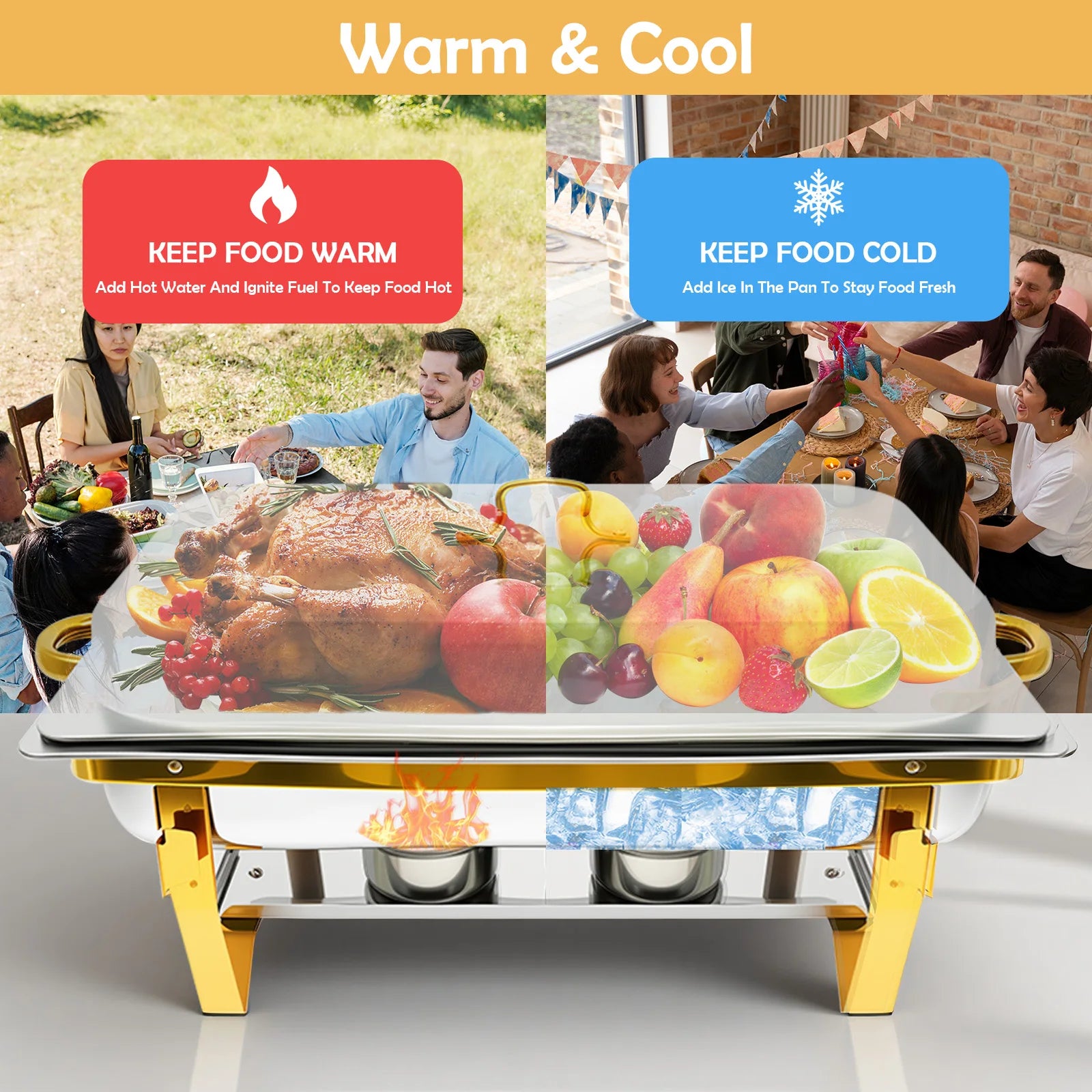 Chafing Dish Set Buffet Warmer Stainless Steel 316 Full Size Rectangular Semi-Gold-Plated Hotel Catering Parties Weddings