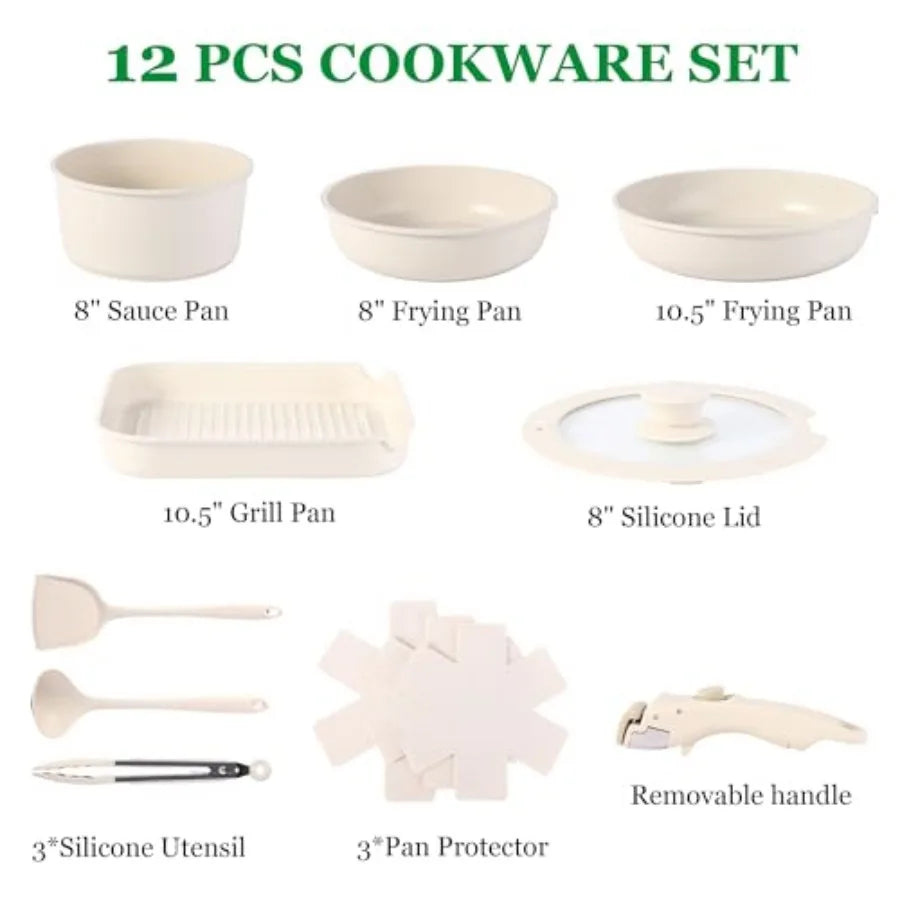12 PCS Kitchen Cookware Set Aluminum non stick pan Removable and microwaveablewith Induction Pot Pan Set for RV Cookware Oven S