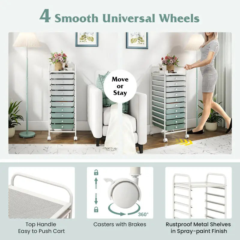 10 Drawer Rolling Storage Cart Organizer with 4 Universal Casters-Green