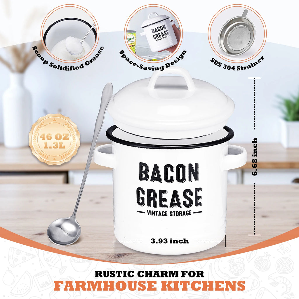 Bacon Grease Container with Strainer - Large 46OZ Red Kitchen Oil Storage Can, Food Saver Bin with Lid | Farmhouse Pot White