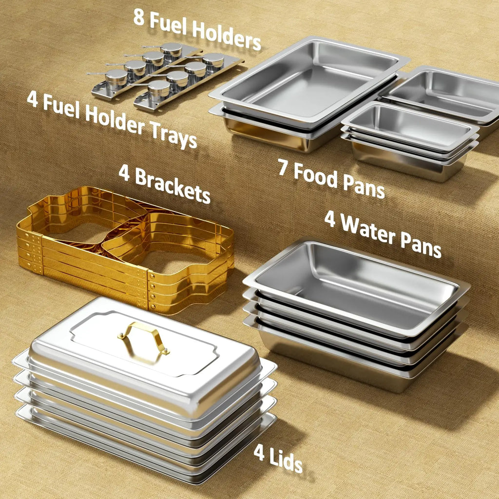 Chafing Dishes for Buffet 4 Pack 7pan, 9QT [Elegant Gold and Silver Colors] Stainless Steel Chafing Dish Buffet Set [Sturdy and High Grade] Chafers and Buffet Warmers Sets