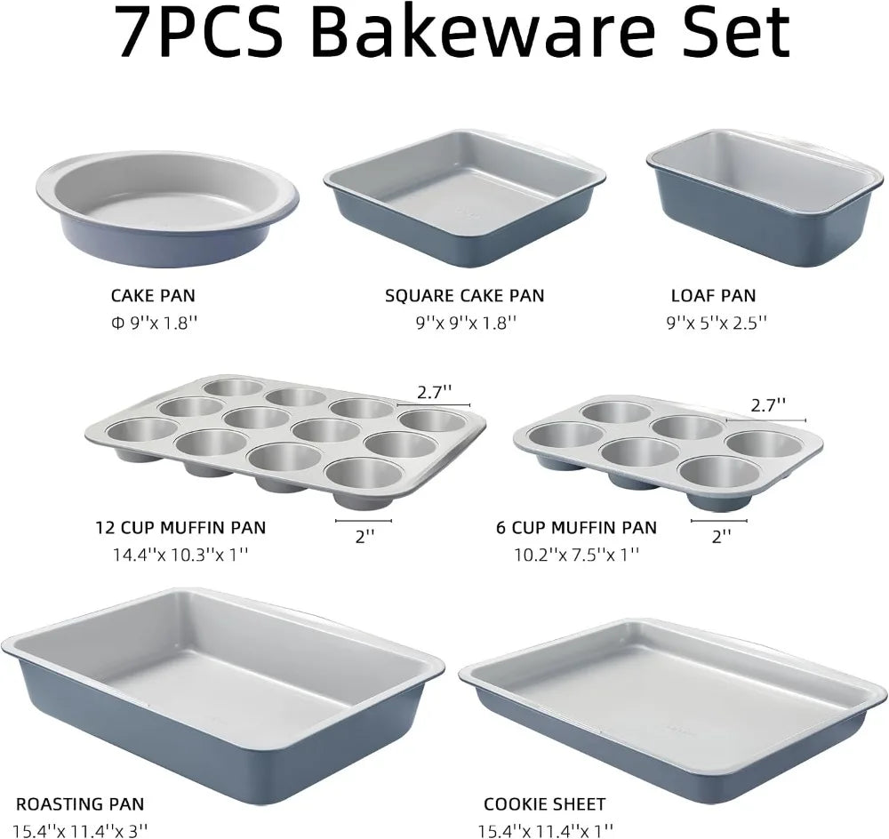 7-Piece Nonstick Baking Pans Set - Stackable Bakeware with Cookie Sheet, Muffin Pan, Loaf Pan, Cake Pan, Roasting Pan, Gray & Blue