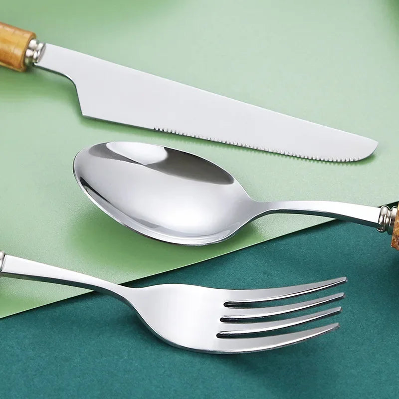 20/30pcs Bamboo Tableware Set Stainless Steel Nature Handle Retro Dinnerware Cutlery Steak Knives Table Fork Spoon Dessert Gift