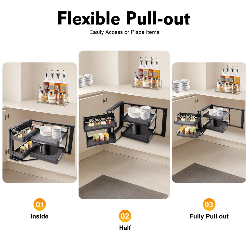 Blind Corner Cabinet Pull out for 14 Inch Organizer Kitchen Corner Cabinet Magic Corner Pull out 2 Tiers Swing Tray 4 Baskets