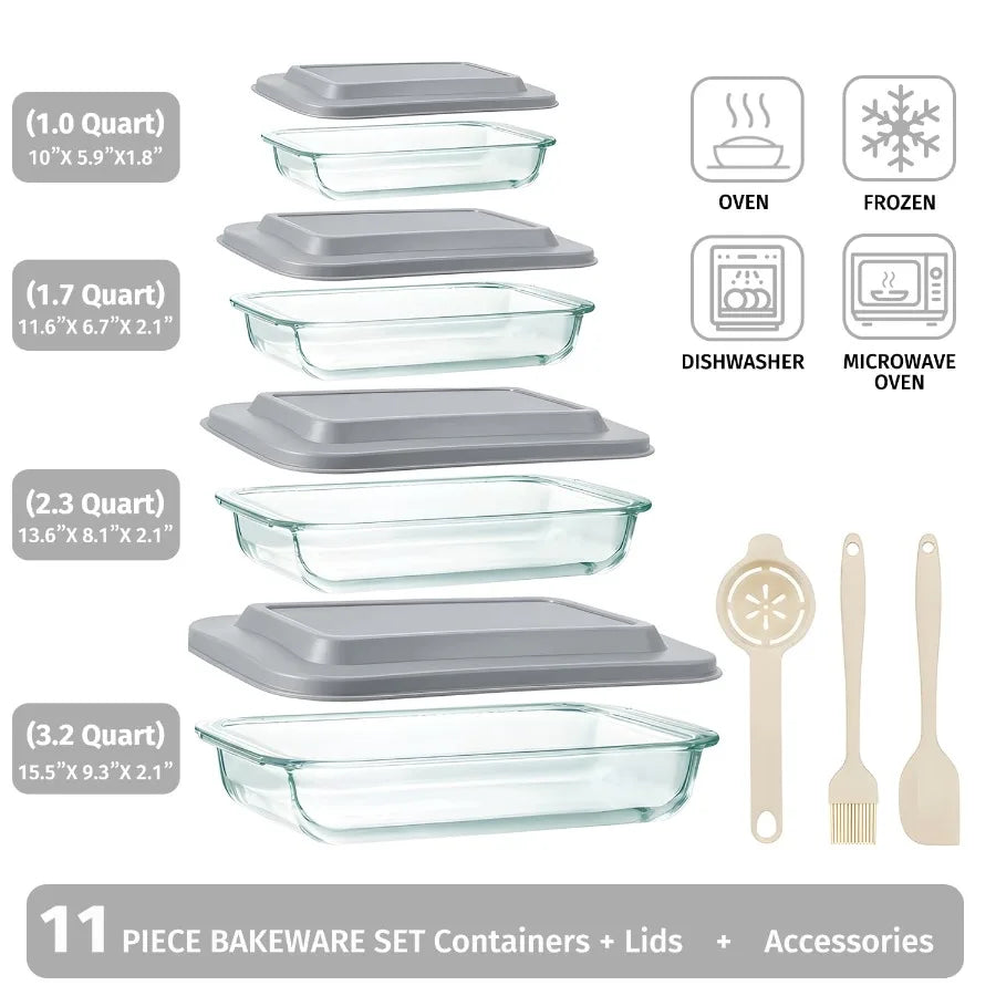 11 Pcs Deep Glass Baking Dish Set with Lids Egg Separator Brush Spatula Rectangular Glass Baking Pans Bakeware Set for Lasagna