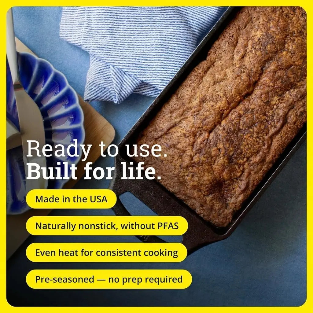 Lodge Seasoned Cast Iron Loaf Pan 8.5 Inches - Pre-Seasoned Rectangular Cast Iron Bakeware- Even Browning Bread Pan with Easy-Release Finish - PFAS-Free Non-Toxic Cookware