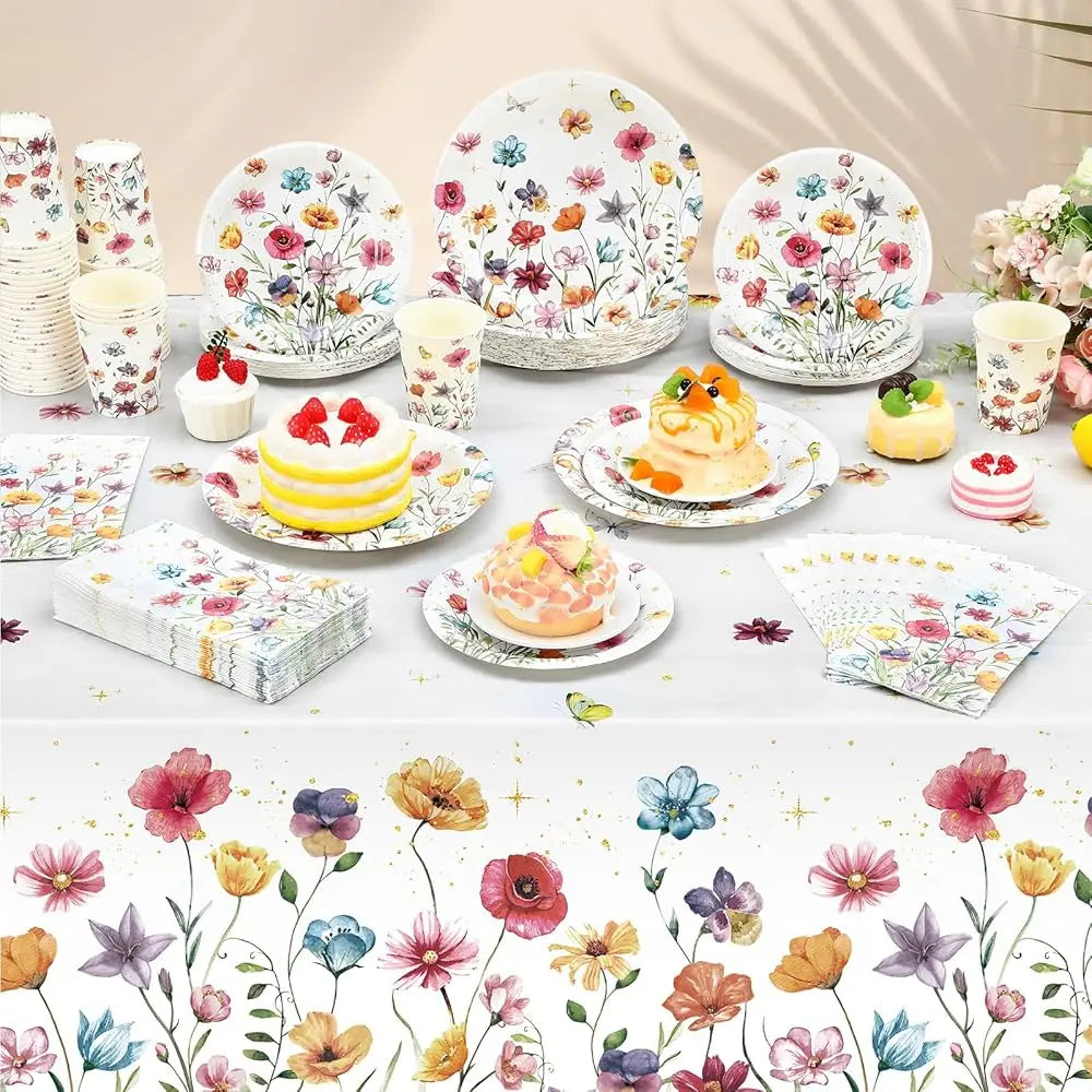 202 Pcs Wildflower Party Decoration Supplies Floral Paper Plates Napkins Cups Butterfly Wildflower Tablecloth For Autumn Summer