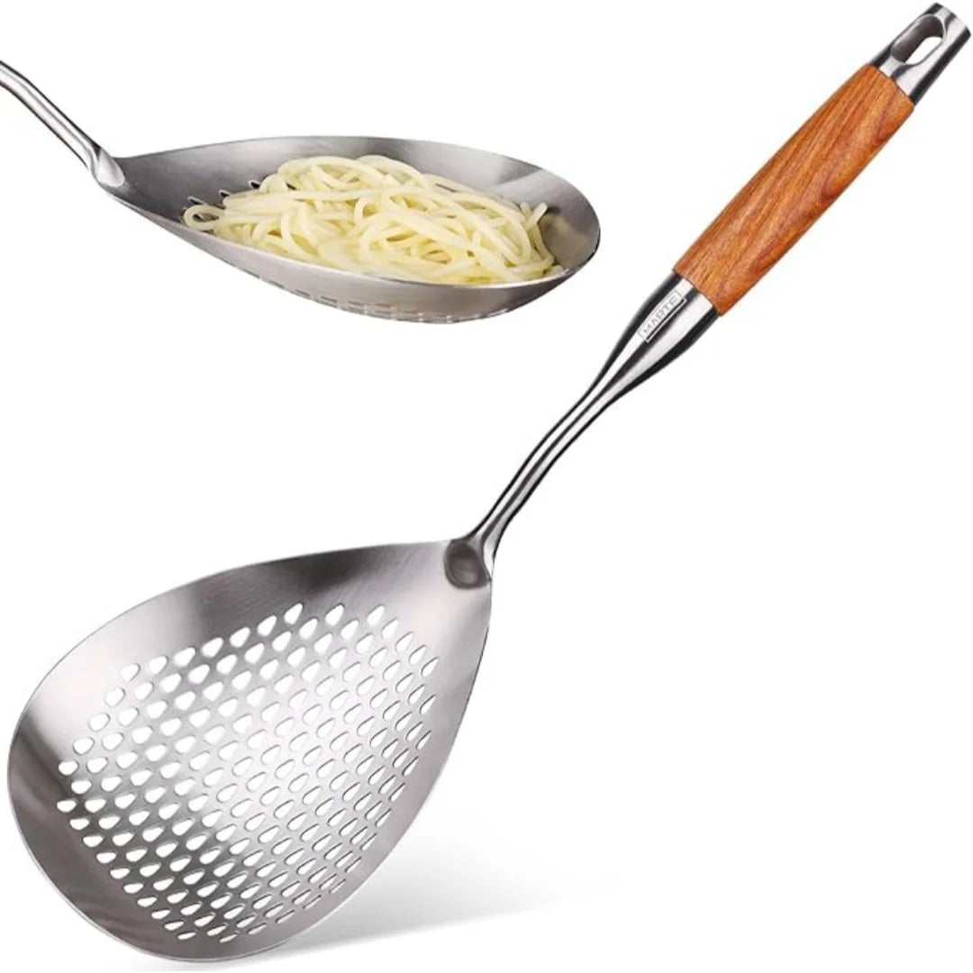 Premium Stainless Steel Skimmer Spoon - Large Size, Wooden Handle, Non-Slip Grip for Pasta, Dumplings & Kitchen Frying