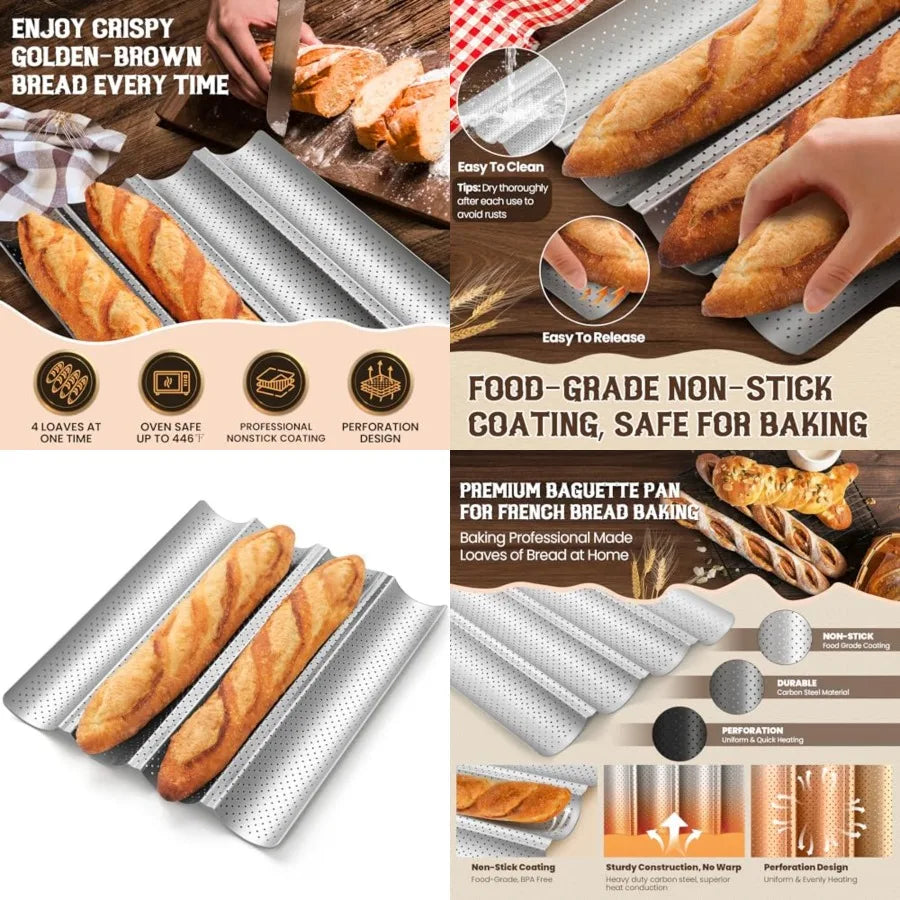 Baguette Bread Pan, Premium Nonstick Perforated Baguette Pan for French Bread Baking, 4 Loaves Baguette Baking Tray for Sourdou