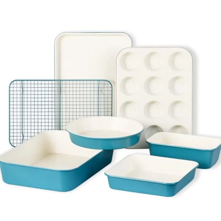7-Piece Ceramic Baking Pans Set, Aluminized Steel Bakeware Sets, Toxin-Free Nonstick Stackable Oven Pans with Cookie Sheet, Muf
