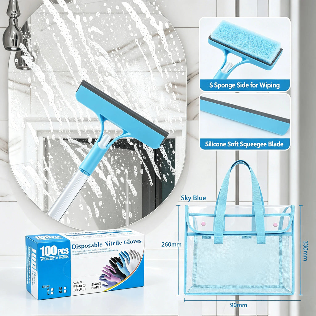 Bathroom Cleaning Essentials Kit: 100PCS Disposable Nitrile Gloves, Handheld Spray Squeegee with Water Tank & PVC Waterproof Storage Caddy, Complete Set for Glass Mirror and Kitchen Sink