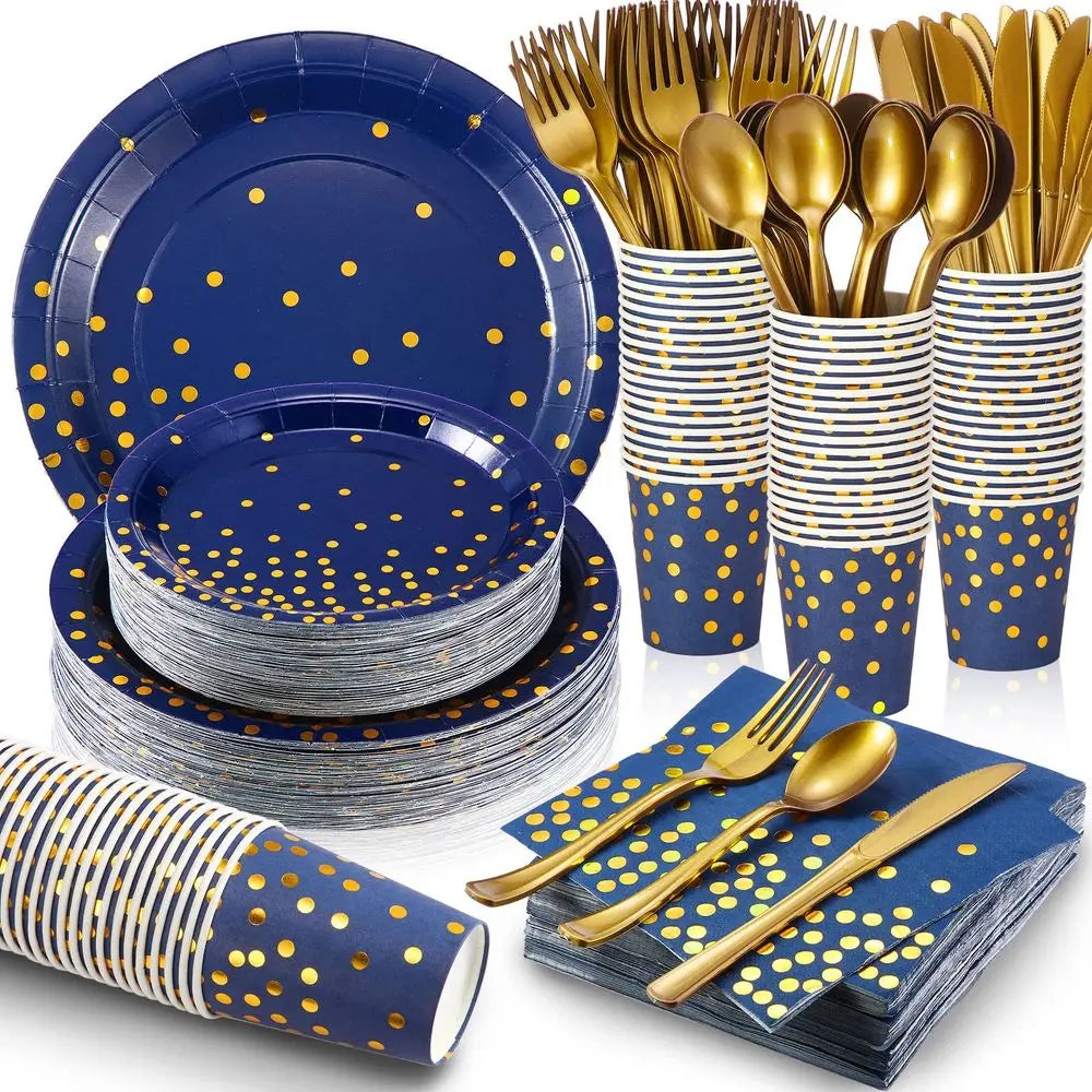 560 Pcs Navy Blue and Gold Party Supplies for 80 Guests Disposable Dinnerware Set Navy Paper Plates Napkins Cups Forks Knives S