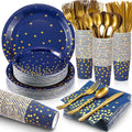 560 Pcs Navy Blue and Gold Party Supplies for 80 Guests Disposable Dinnerware Set Navy Paper Plates Napkins Cups Forks Knives S