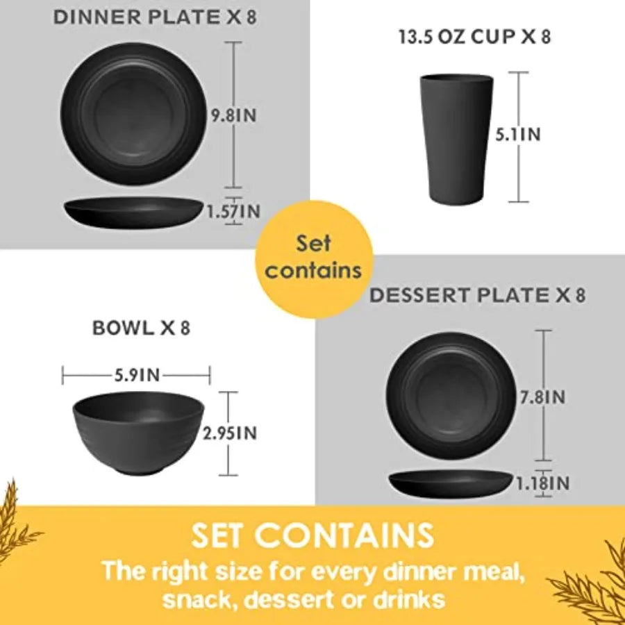 32-Piece Kitchen Plastic Wheat Straw Dinnerware Set Service for 8 Unbreakable Modern Dish Set - Dinner Plate/Dessert Plate/Cere