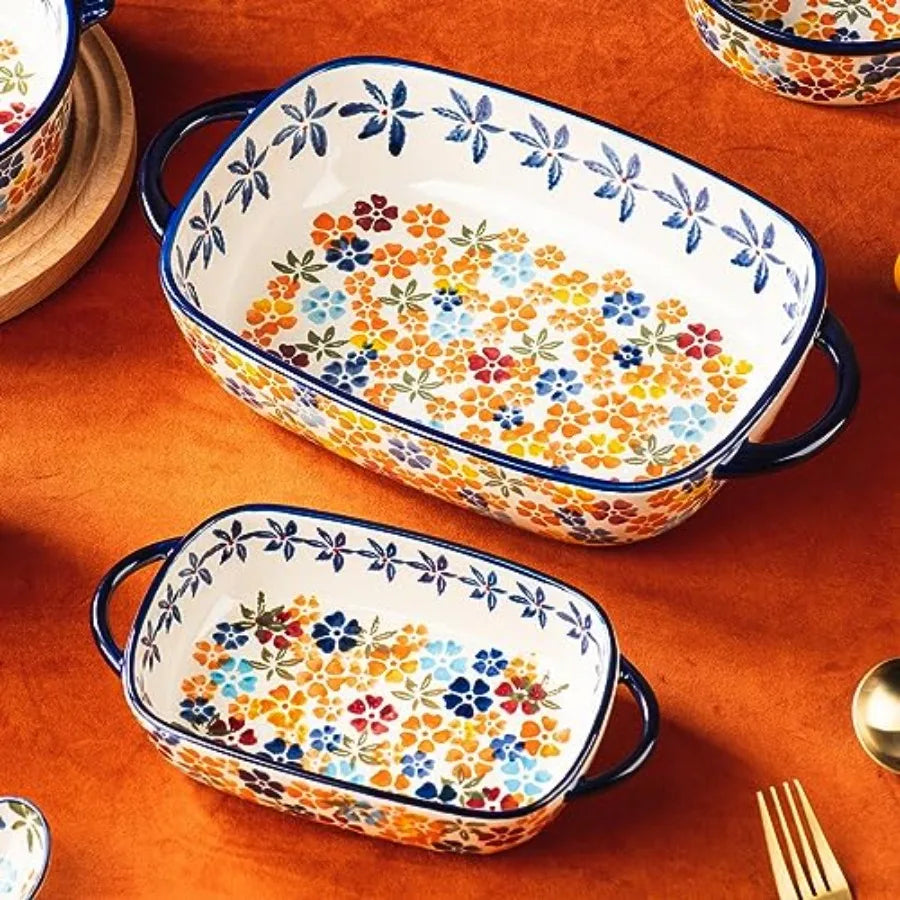 Retro pastoral style Ceramic Baking Dish Rectangular Bakeware Set Baking Pan, 2-piece Hand-painted Porcelain Baking pan with ha