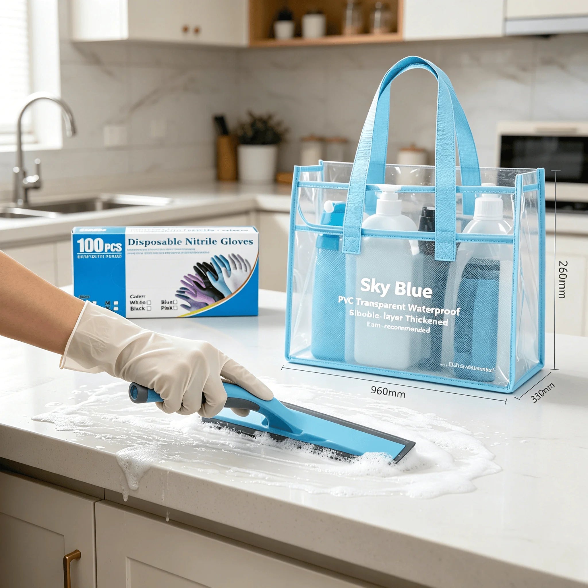 Bathroom Cleaning Essentials Kit: 100PCS Disposable Nitrile Gloves, Handheld Spray Squeegee with Water Tank & PVC Waterproof Storage Caddy, Complete Set for Glass Mirror and Kitchen Sink