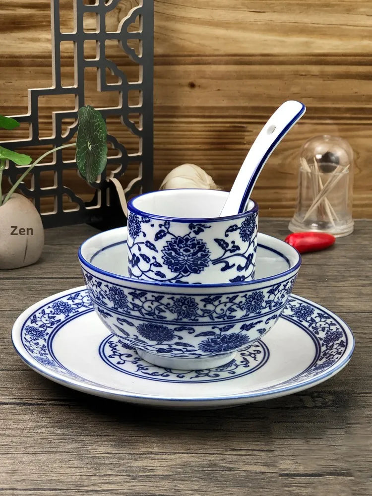 Chinese Sle Cerc Blue And White Dinnerware Set Thiened Bone Bowl Plate Tea Cup Spoon Four-Piece Table Setting
