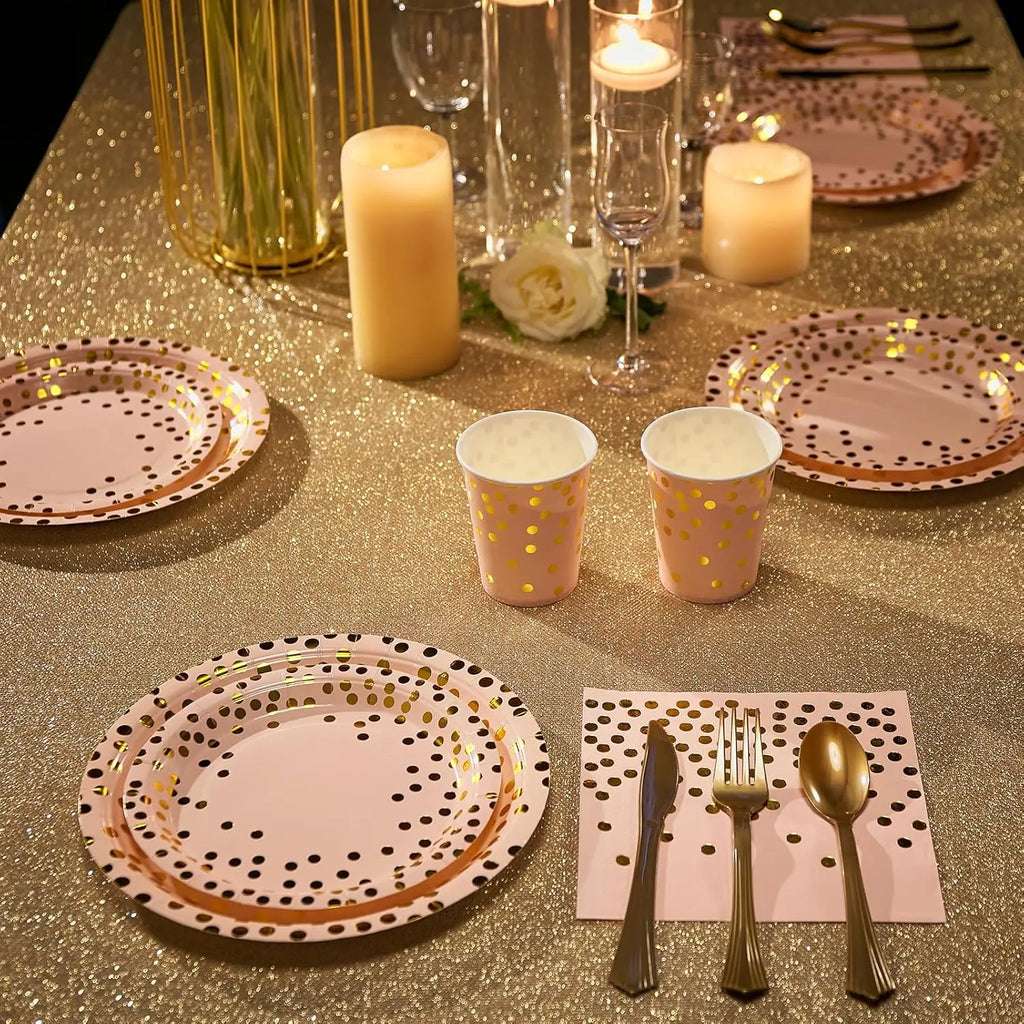 Pink and Gold Party Supplies - 350 PCS Disposable Dinnerware Set - Pink Paper Plates Napkins Cups, Gold Plastic Forks Knives