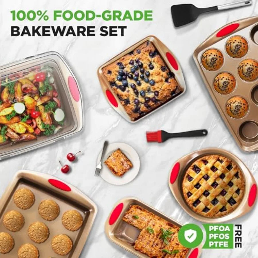 15-Piece Nonstick Bakeware Set w/ Baking Utensils Premium Oven Safe Baking Pans with Silicone Handles Easy Clean Dishwasher Saf