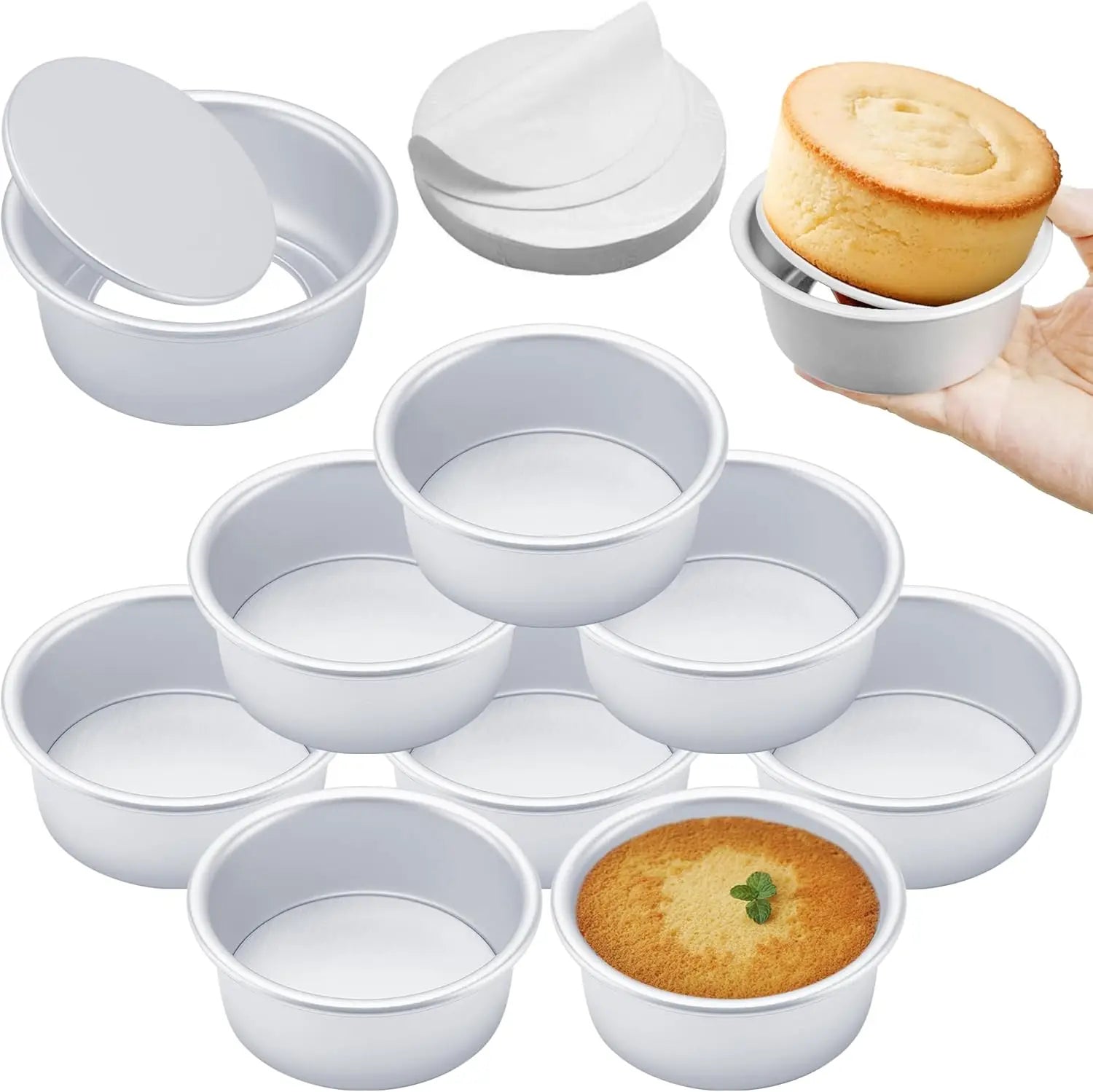 4 Inch Round Cake Pan Set of 8, Nonstick Aluminum Baking Pans with 100 Parchment Sheets, Removable Bottom for Mini Cheesecakes, Desserts, Pizzas & Quiches