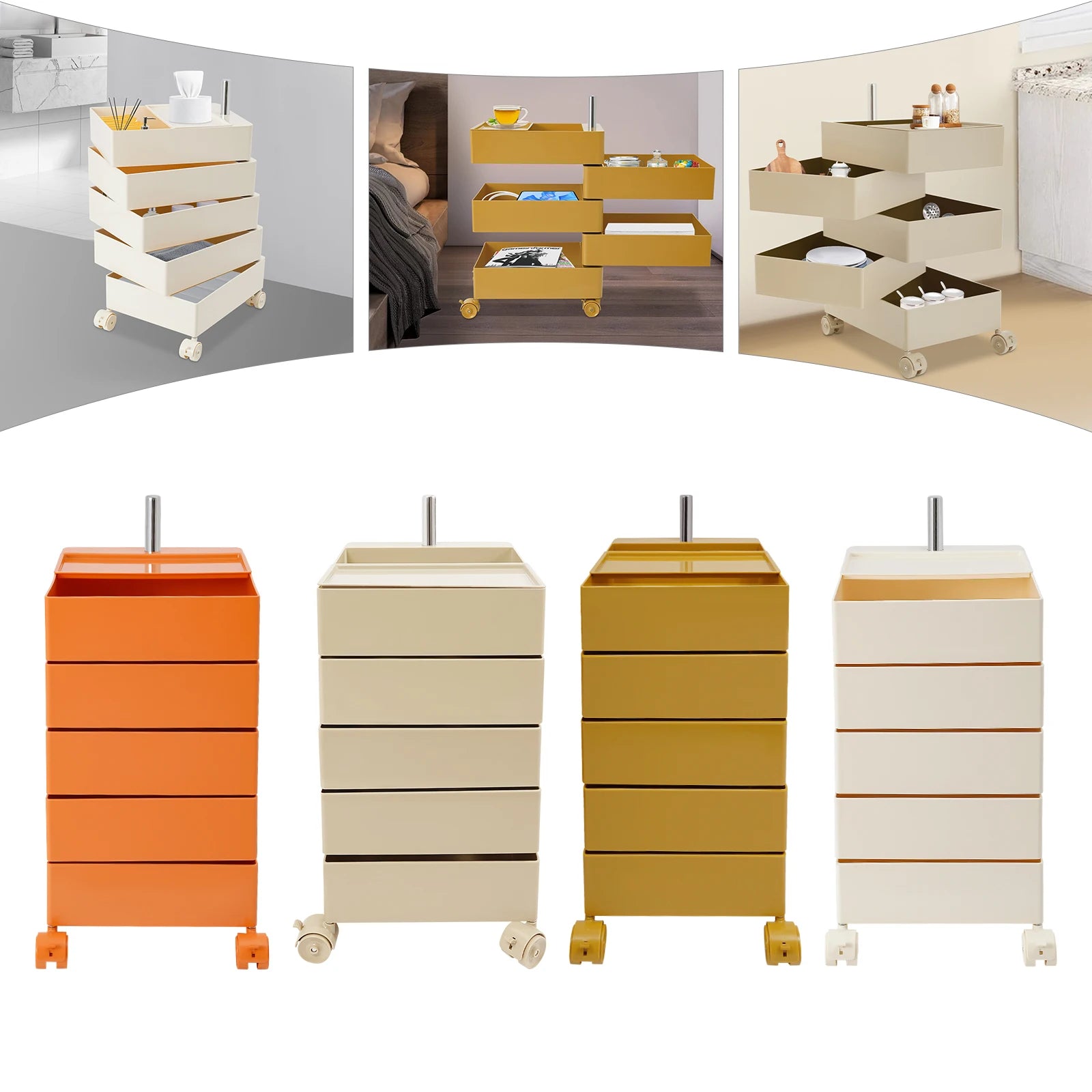5 Tiers 360° Rotating Sofa Side Metal Cabinet,White/Orange/Khaki/Yellow Freestanding Storage Rack 41.5*31.5*61cm for Kitchens