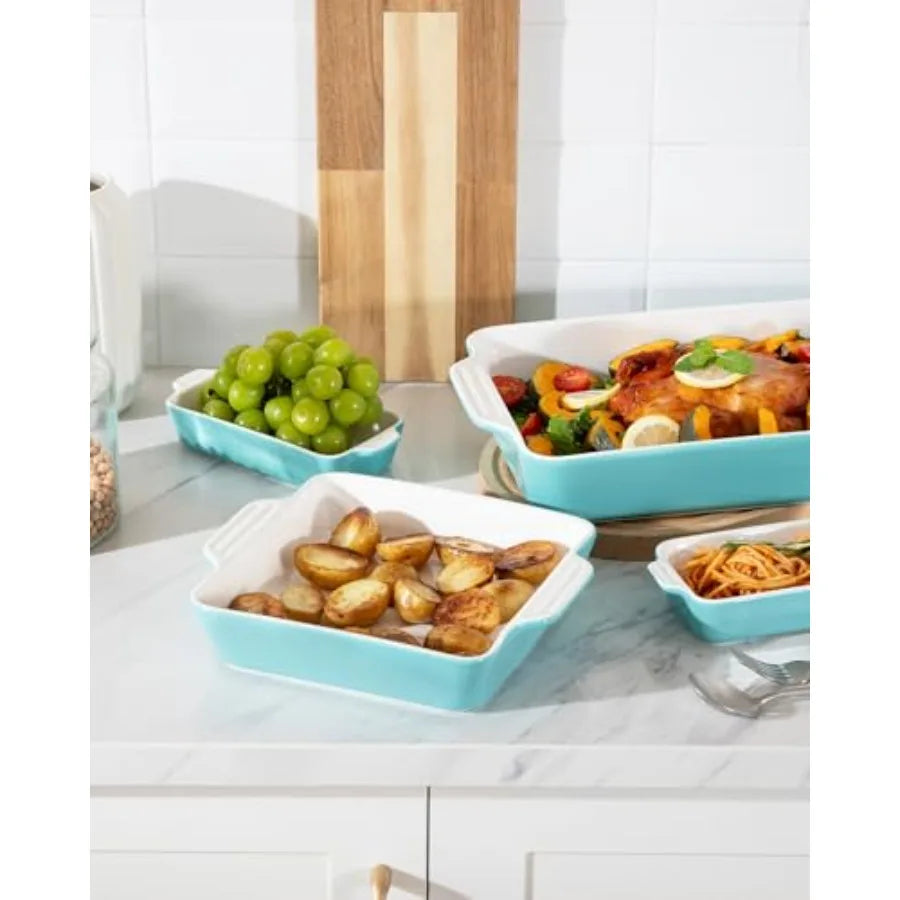 Ceramic Bakeware Set of 4, Casserole Dishes for Oven, Rectangular Baking Dish with Handles, Lasagna Pans Deep for Cooking, Grat