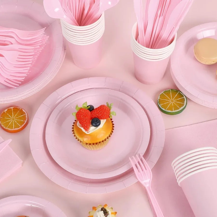 169 Pieces Light Pink Party Supplies Disposable Dinnerware Set with Plates Cups Napkins Plastic Cutlery and Tablecloth for Eleg