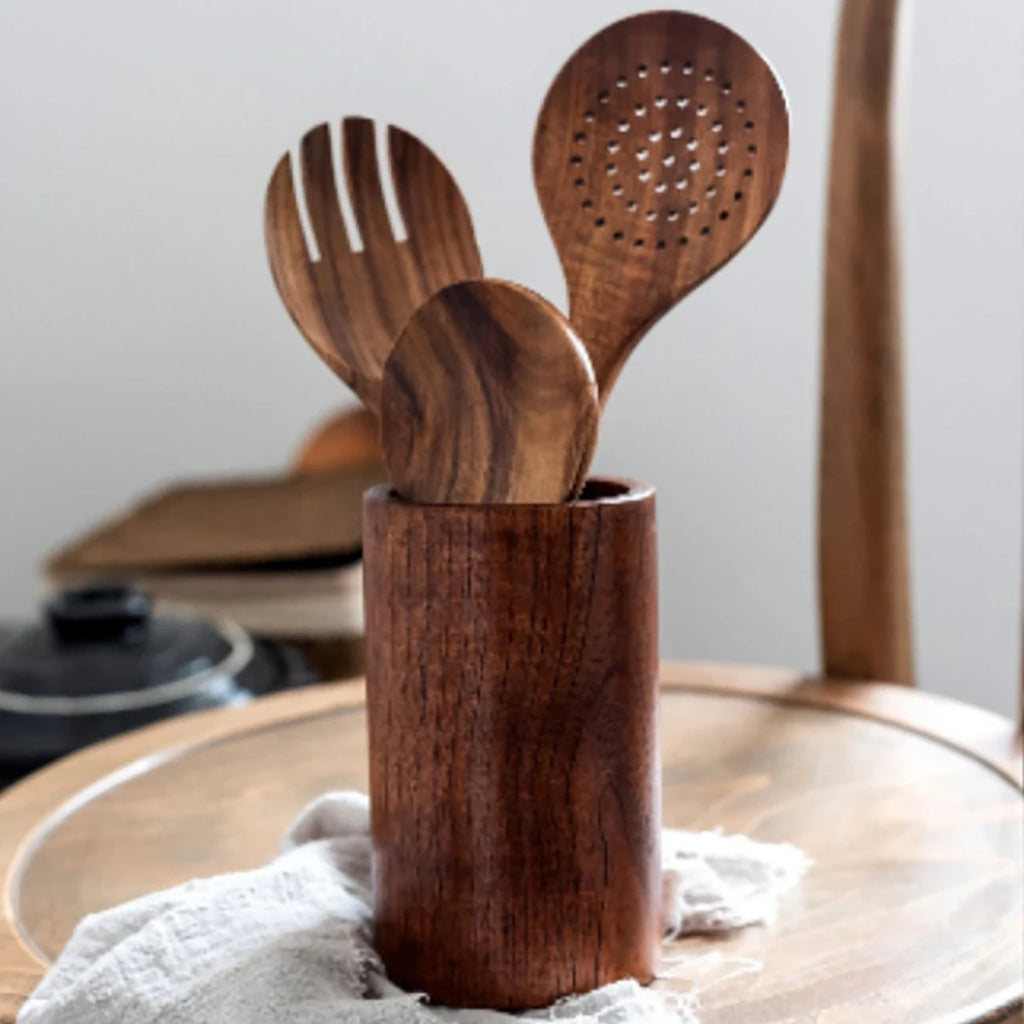 Wood Kitchenware Cooking Set Household Spatula Spoon Set Salad Spoon Fork Stirring Spoon Kitchen Baking Set With storage bucket