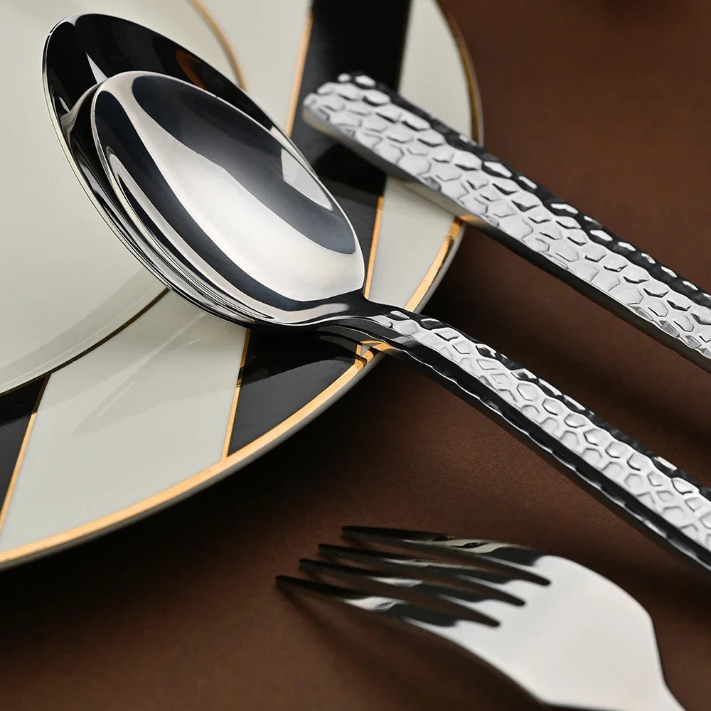 Luxury 5pcs Stainless Steel Cutlery Set Hammered Steak Knife Fork Spoon Western Dining Tableware for Restaurant Kitchen Bar