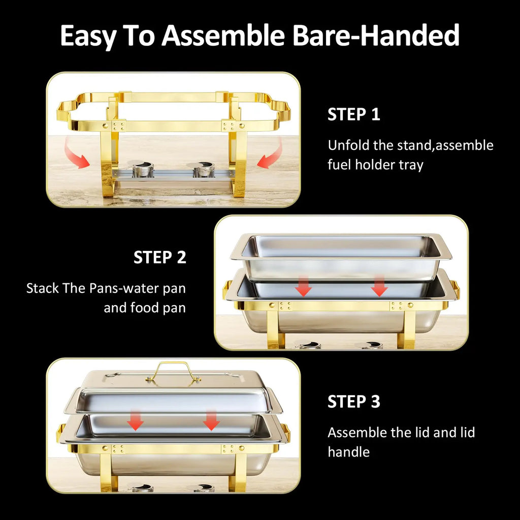 Chafing Dishes for Buffet 4 Pack 7pan, 9QT [Elegant Gold and Silver Colors] Stainless Steel Chafing Dish Buffet Set [Sturdy and High Grade] Chafers and Buffet Warmers Sets