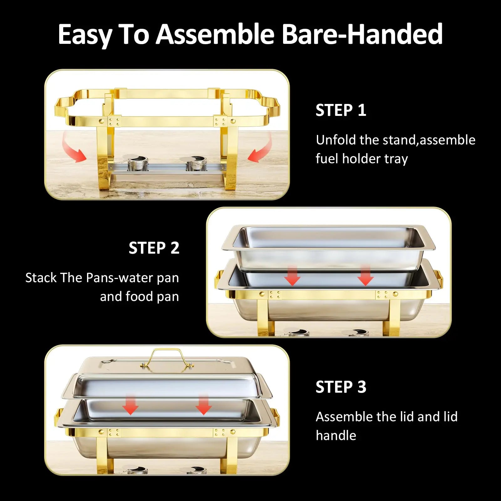 Chafing Dishes for Buffet 4 Pack 7pan, 9QT [Elegant Gold and Silver Colors] Stainless Steel Chafing Dish Buffet Set [Sturdy and High Grade] Chafers and Buffet Warmers Sets