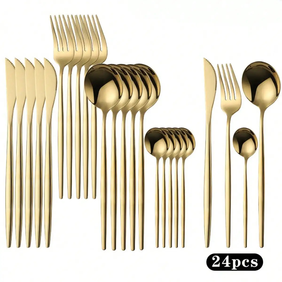Gold/Black, Stainless Steel Knife, Fork And Spoon 24-Piece Cutlery Set, Including Fork Spoon Knife And Coffee Spoon, Dinner Fork