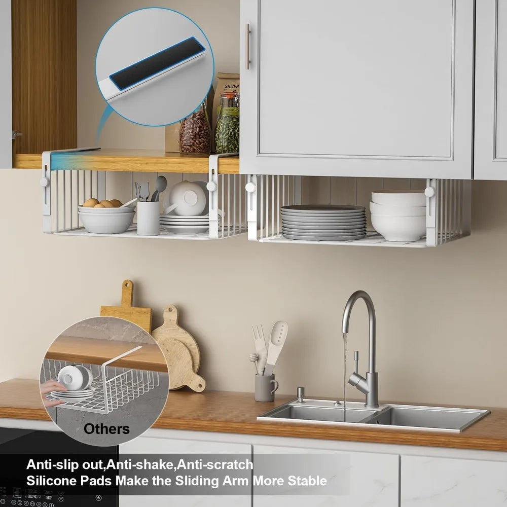 2Pack Under Shelf Basket Organizer,Adjustable Hanging Holder Storage for Cabinet Pantry Kitchen Cupboard Desk Counter Bookshelf