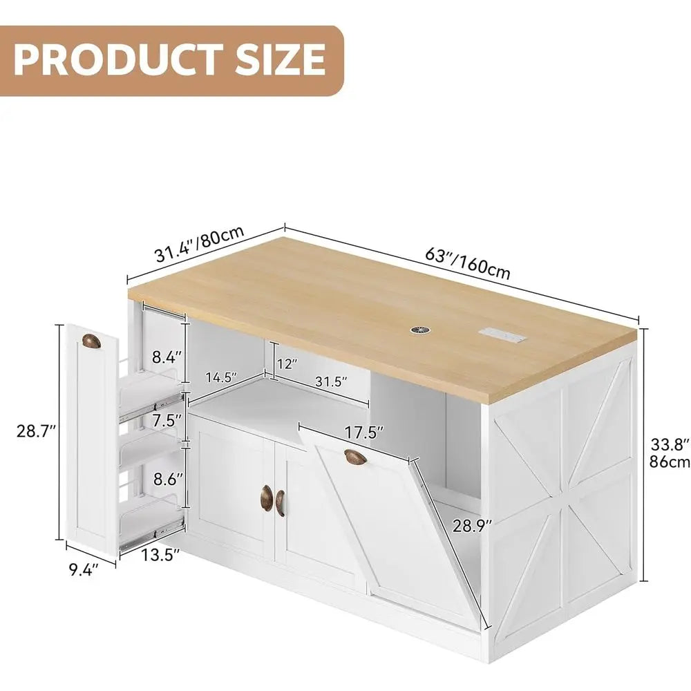 Kitchen Island with Storage, 63" W Large Island Table with Trash Can, armhouse Kitchen Islands with Power Outlet/LED, Rolling Ca