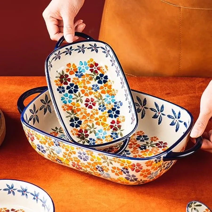Retro pastoral style Ceramic Baking Dish Rectangular Bakeware Set Baking Pan, 2-piece Hand-painted Porcelain Baking pan with ha