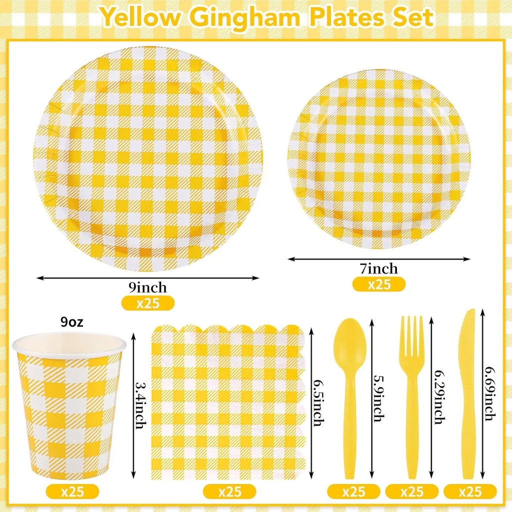 175 Pc Yellow Gingham Party Set: Plates, Napkins, Cups & Cutlery for Easter, Picnic, Baby Shower