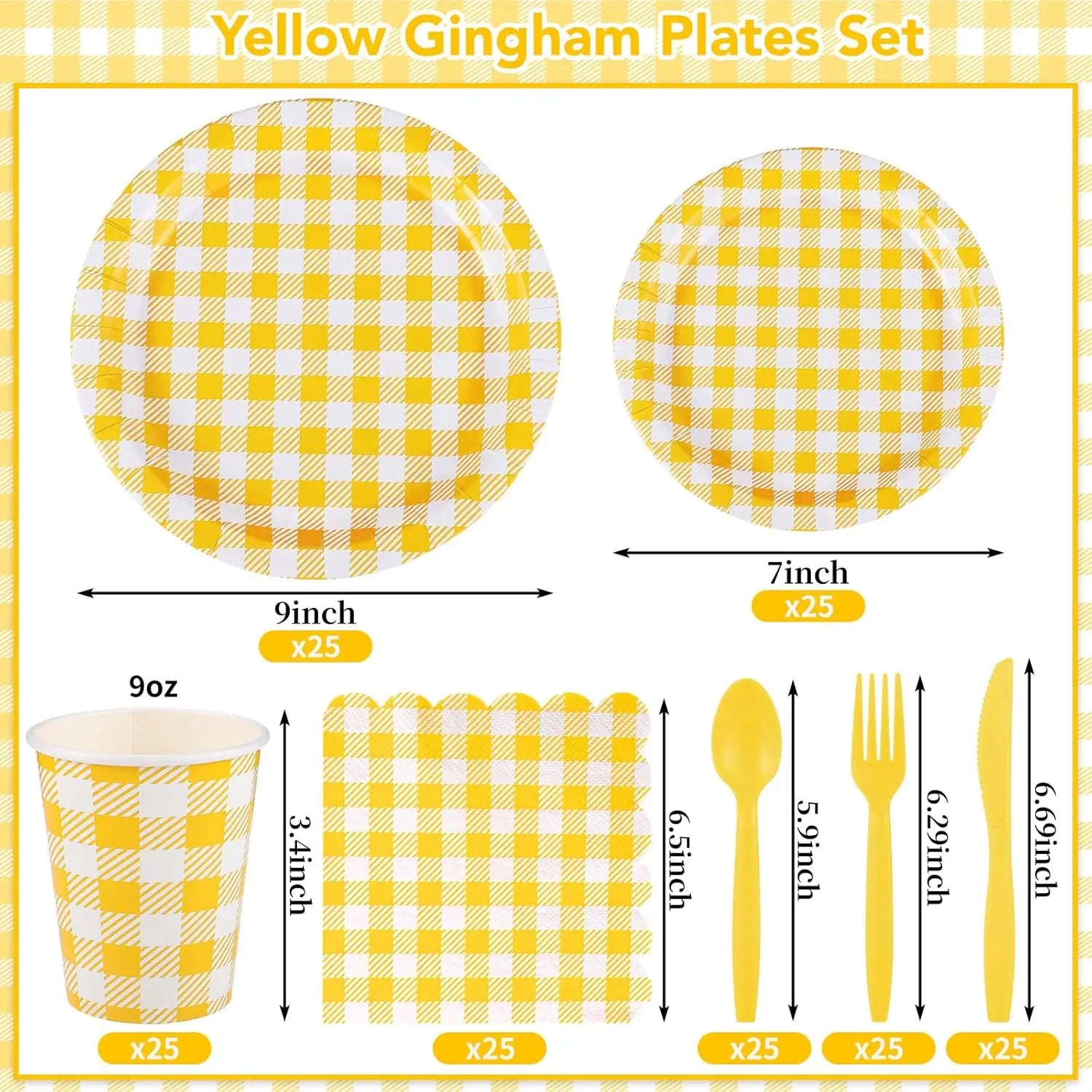 175 Pc Yellow Gingham Party Set: Plates, Napkins, Cups & Cutlery for Easter, Picnic, Baby Shower