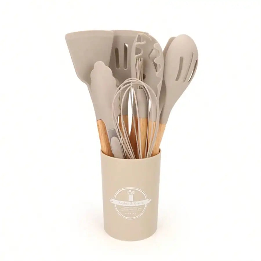 12 Piece Silicone Cooking Kitchen Utensils Set With Wooden Handle, Silicone Flip Flop Tongs Spatula Spoon Kitchen Utensils Set F