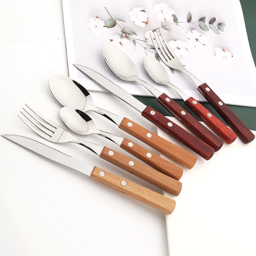 12Pcs Natural Wood Handle Silver Forks Cutlery Set Stainless Steel Flatware Dinner Fork Dinnerware Home Kitchen Silverware Set